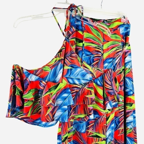 New-shop17 Two Pc Set Tropical Multi color, Ruffled Top Wide Leg Neck Tie Pants - Picture 2 of 16